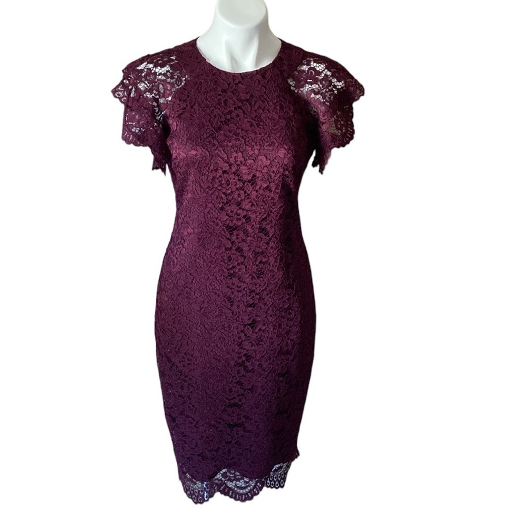Vince Camuto Maroon Wine Lace Knee High Cocktail Dress with Flutter Sleeves